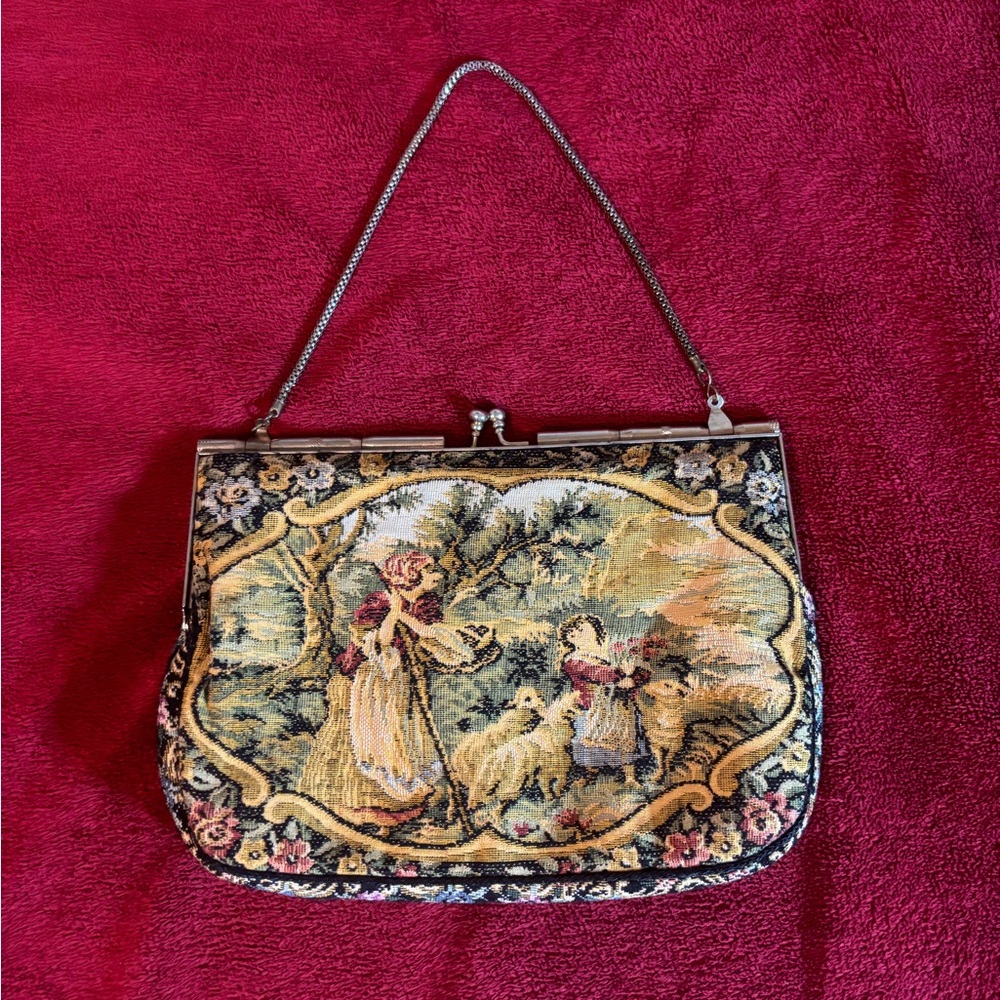 Vintage 1960s Tapestry Needlepoint Purse Bag Mother Daughter Sheep